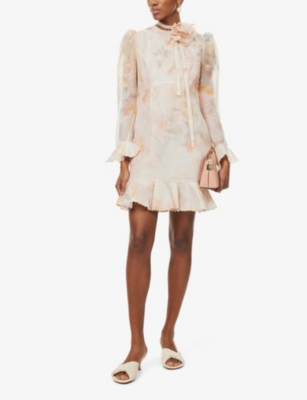 Shop Zimmermann Womens  Crush Pearl-embellished Floral-pattern Linen And Silk-blend Mini Dre In Ciara Floral