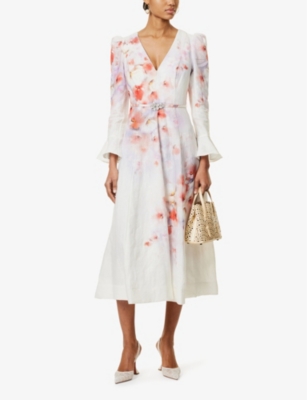 Shop Zimmermann Womens Scarlet Floral Crush Floral-print Linen Midi Dress Xl
