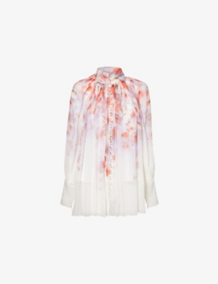 Zimmermann Crush Pleated Floral-print Crepon Blouse In Scarlet Floral