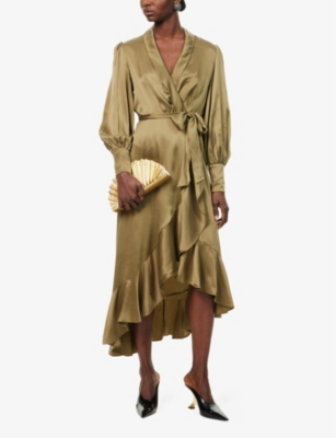 ZIMMERMANN WOMENS ZIMMERMANN WRAP-FRONT RUFFLE-TRIM SILK MIDI DRESS 