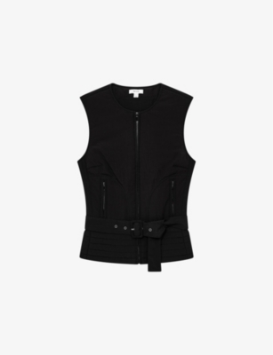 Shop Reiss Womens  Mio Belted-waist Sleeveless Shell Vest In Black