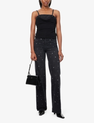 PAIGE WOMENS VALENE EMBELLISHED SASHA CRYSTAL-EMBELLISHED WIDE-LEG HIGH-RISE STRETCH-DENIM JEANS 