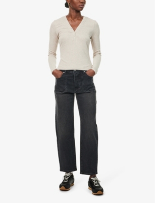 PAIGE WOMENS VIPER BLACK ALEXIS HIGH-RISE BARREL-LEG STRETCH-DENIM JEANS 