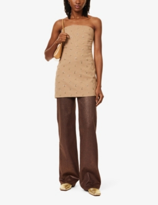 PAIGE WOMENS BRASS HORN LUXE COATING SASHA GLITTER-EMBELLISHED STRAIGHT-LEG HIGH-RISE  STRETCH-WOVEN TROUS 