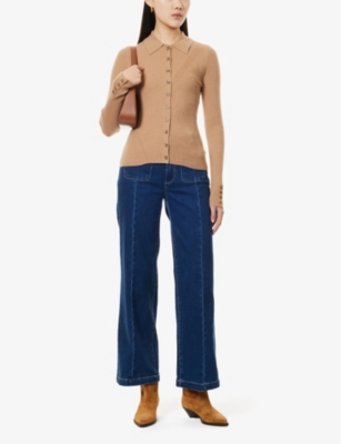 PAIGE WOMENS DARK CAMEL JAYDE BUTTON-FRONT RIBBED-KNIT TOP 