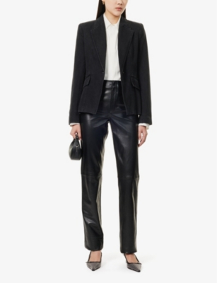PAIGE WOMENS EVENING ONYX CARMEN PEAK-LAPEL SINGLE-BREASTED DENIM BLAZER 