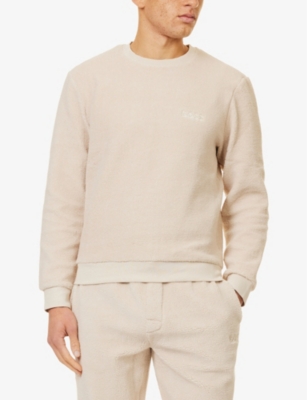 Shop Hugo Boss Mens Logo-embroidery Crewneck Recycled-polyester Blend Stretch-borg Sweatshirt Open White Xl