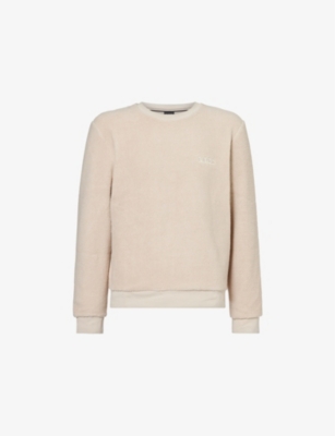 Mens Boss Logo-Embroidery Crewneck Recycled-Polyester Blend Stretch-Borg Sweatshirt