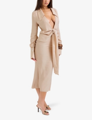 House Of Cb Womens  Nevaeh Plunge-neck Woven Midi Dre In Almond