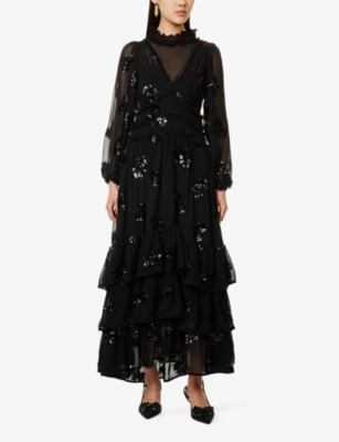 Sister Jane Womens Black Gala Sequin-flower Woven Maxi Dress In Black