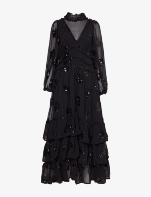 Sister Jane Womens Black Gala Sequin-flower Woven Maxi Dress In Black