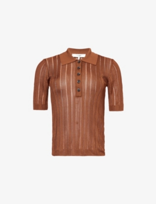 FRAME: Laddered short-sleeve knitted polo shirt