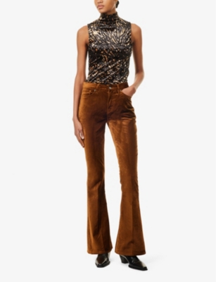 FRAME WOMENS BRONZE VELVET LE HIGH FLARE VELVET STRAIGHT-LEG HIGH-RISE STRETCH-COTTON BLEND TROUSERS 