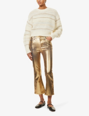 Frame Womens  Le Crop Mini Boot Flared Straight-leg Mid-rise Stretch-denim Blend Jeans In Gold Chrome
