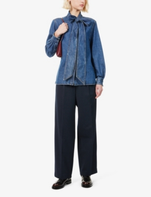 FRAME WOMENS BABYDOLL THE SECRETARY PUSSY-BOW DENIM BLOUSE 