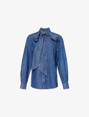 Shop Frame Womens Babydoll The Secretary Pussy-bow Denim Blouse