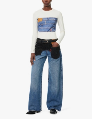 LEVI'S WOMENS MULTI-COLOR LEVI'S X ADSB ANDERSSON BELL SECOND SKIN DENIM-PRINT STRETCH-WOVEN TOP 