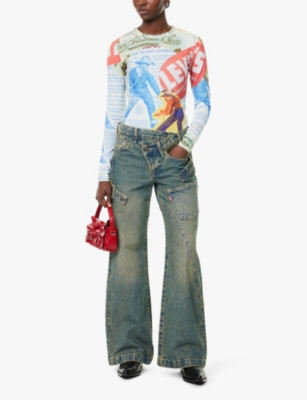 LEVI'S WOMENS LEVI'S X ADSB ANDERSSON BELL SECOND SKIN GRAPHIC-PRINT STRETCH-WOVEN TOP MULTI-COLOR 