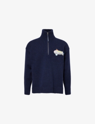 LOEWE: Whale Embroidered-Patch Zip-Up Wool Jumper
