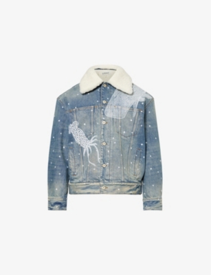 LOEWE: Faux-Shearling Collar Painted Denim Jacket