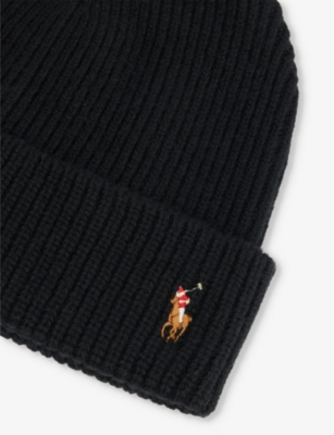 Shop Polo Ralph Lauren Mens  Embroidered-signature Cuffed Wool And Recycled Nylon-blend Beanie In Black