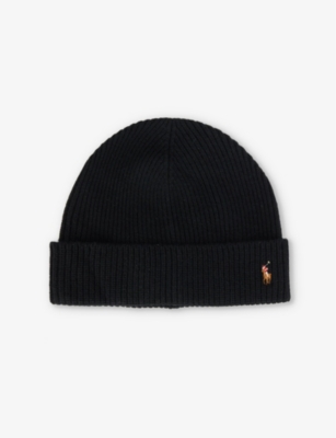 Shop Polo Ralph Lauren Mens  Embroidered-signature Cuffed Wool And Recycled Nylon-blend Beanie In Black