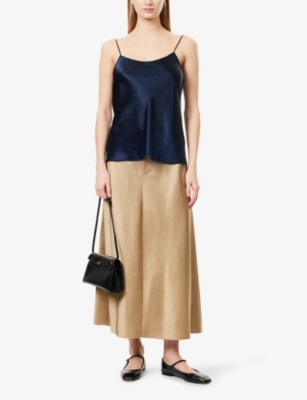 VINCE WOMENS DUNE STONE SATIN FLARED WOVEN-BLEND MIDI SKIRT 