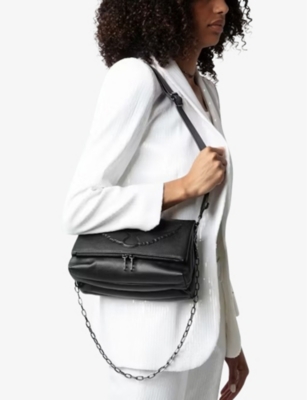 Shop Zadig & Voltaire Womens Zadig&voltaire Rocky Wing-embellished Grained-leather Cross-body Bag In Noir