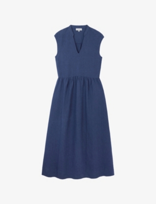 The White Company S Indigo V-neck Linen Midi Dress
