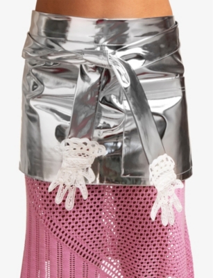 GOHAR WORLD: Hand-motif lace-applique metallic faux-leather mini apron