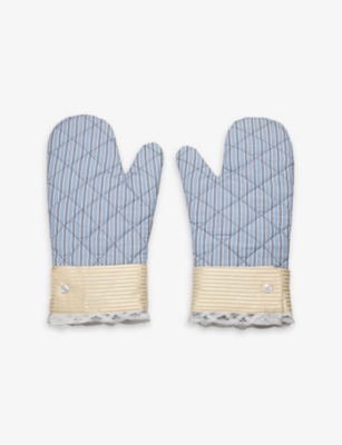 Gohar World Light Blue Stripe Lace-trim Striped Cotton Oven Gloves Set Of Two In Light Blue Stripe