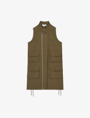 Reiss Womens Essie Patch-pocket Sleeveless Linen-blend Mini Dress Khaki In Khaki