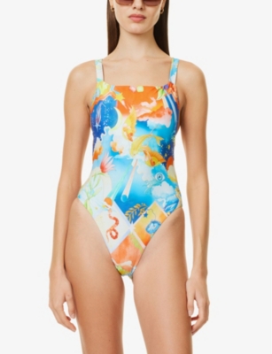 Seafolly Womens Aquarius Square-neck Graphic-print Swimsuit Turquoise In Turquoise