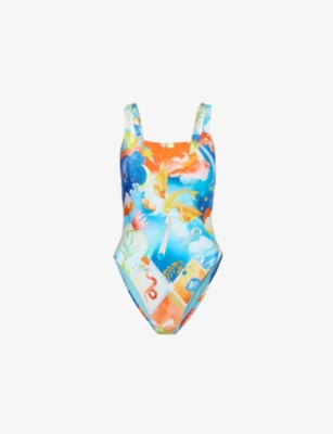 Seafolly Womens Aquarius Square-neck Graphic-print Swimsuit Turquoise In Turquoise