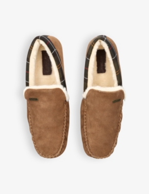 Barbour Mens Camel Monty Tartan-print Faux Shearling-lined Suede Slippers In Camel