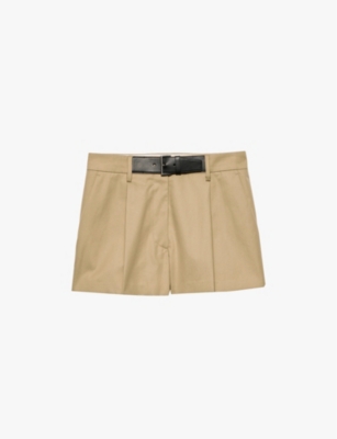 Prada Womens  Triangle-plaque Leather-belt Cotton-twill Shorts In Neutral