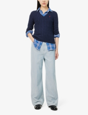 Polo Ralph Lauren Cable-knit Wool-cashmere V-neck Sweater In Hunter Navy
