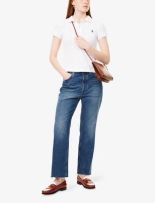 Polo Ralph Lauren Womens White Cable-knit Short-sleeves Cotton-knit Polo Shirt In White