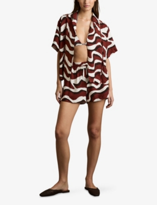 Reiss Womens White Brown Eva Wave-print Cut-out Woven Shirt In Brown