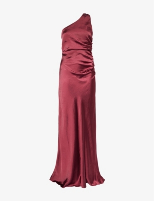 Six Stories Womens One-shoulder Ruched Satin Maxi Dress Deep Wine