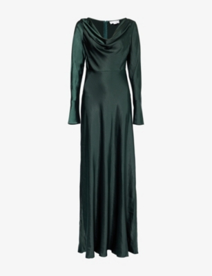 Six Stories Womens Cowl-front Long-sleeve Satin Maxi Dress Emerald