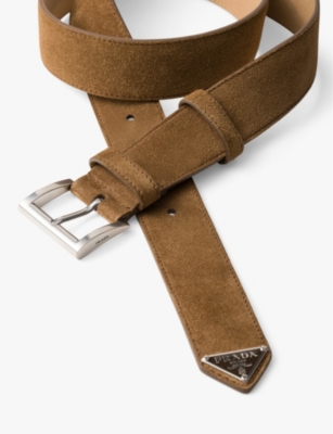 Prada Enamel-logo Suede Belt In Brown