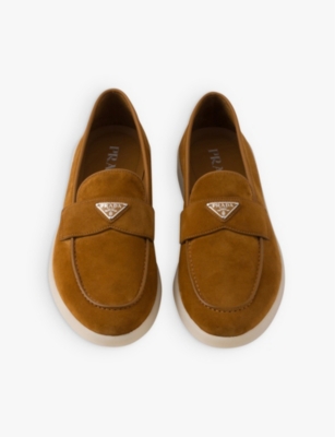 Prada Suede Triangle Loafers In Brown