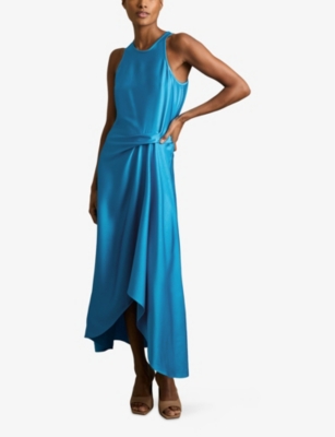 Reiss Womens Blue Micah Drape-tuck Satin Midi Dress In Blue