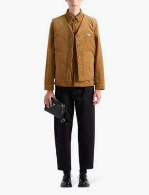 Prada Mens Black Triangle-logo Tapered-leg Relaxed Cotton Trousers In Black