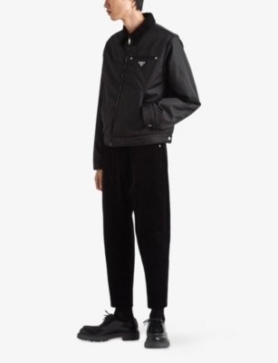 Prada Mens Black Pinwale Triangle-plaque Corduroy Cotton Trousers