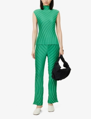 Shop Issey Miyake Womens Winter Green Nuance Pleats Solid Two-slip-pockets Straight-leg Mis-rise Knitted Trousers