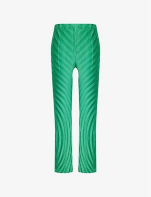Shop Issey Miyake Womens Winter Green Nuance Pleats Solid Two-slip-pockets Straight-leg Mis-rise Knitted Trousers