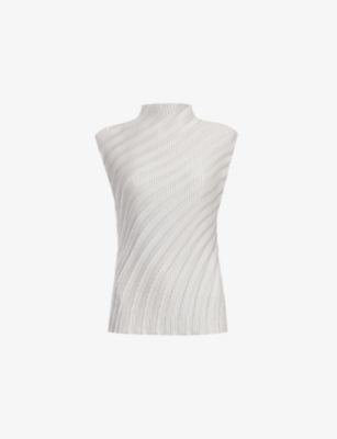 Issey Miyake Basics Round Neck Pleated Woven Jersey Top In Dew Gray