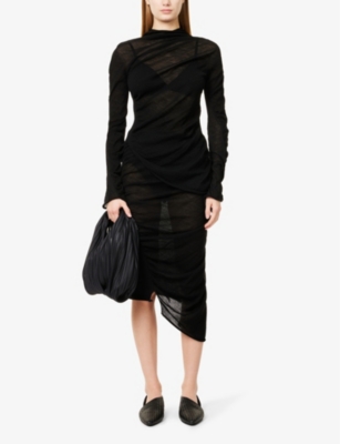 Shop Issey Miyake Womens Black Ambiguous Ruched Wool Top